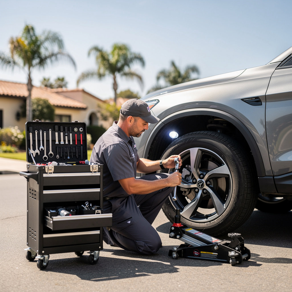 Badasci Mobile Auto Repair technician performing professional on-site suspension and brake service in Santa Barbara